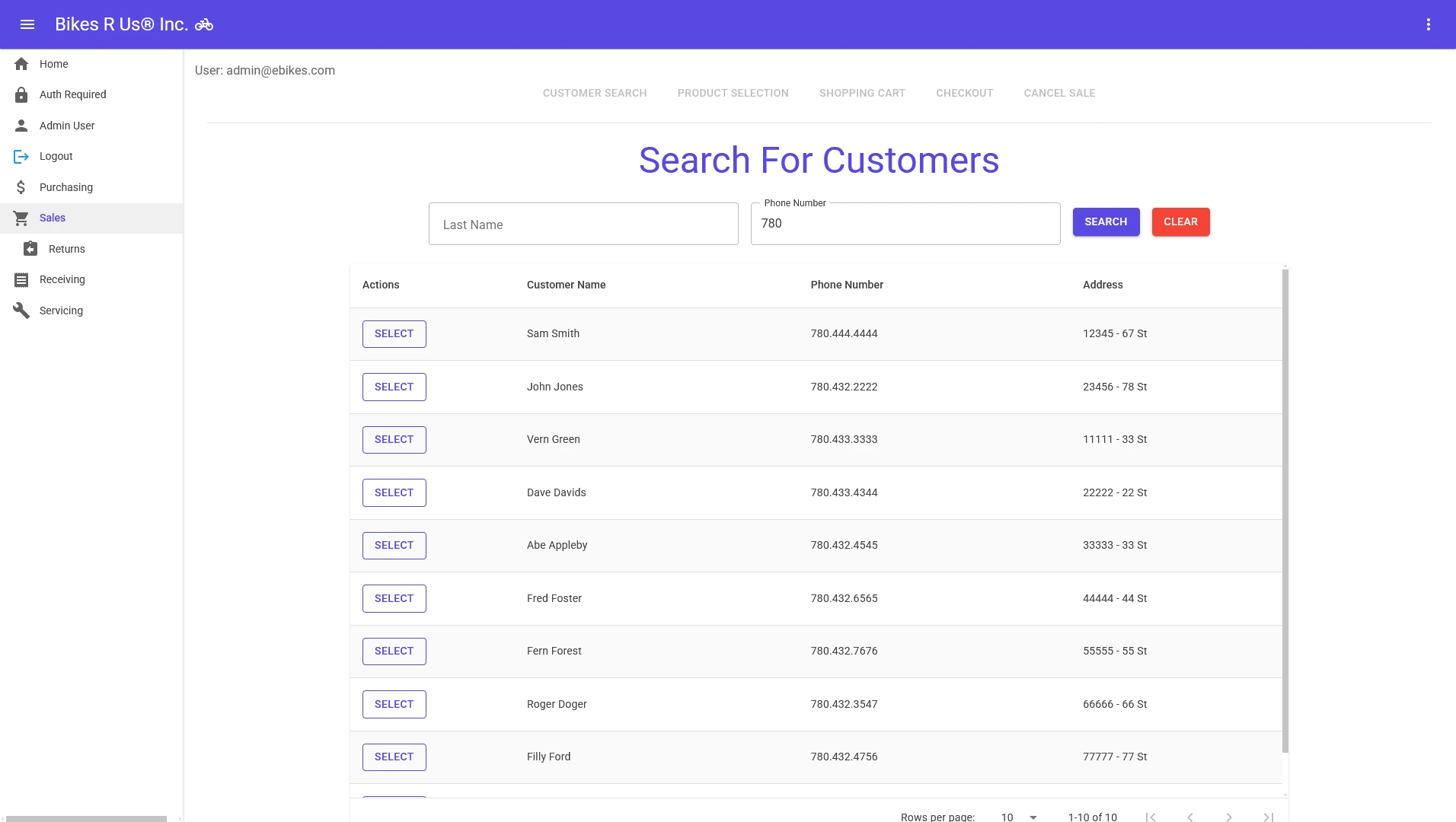 Screenshot of BikesRUs customer search page