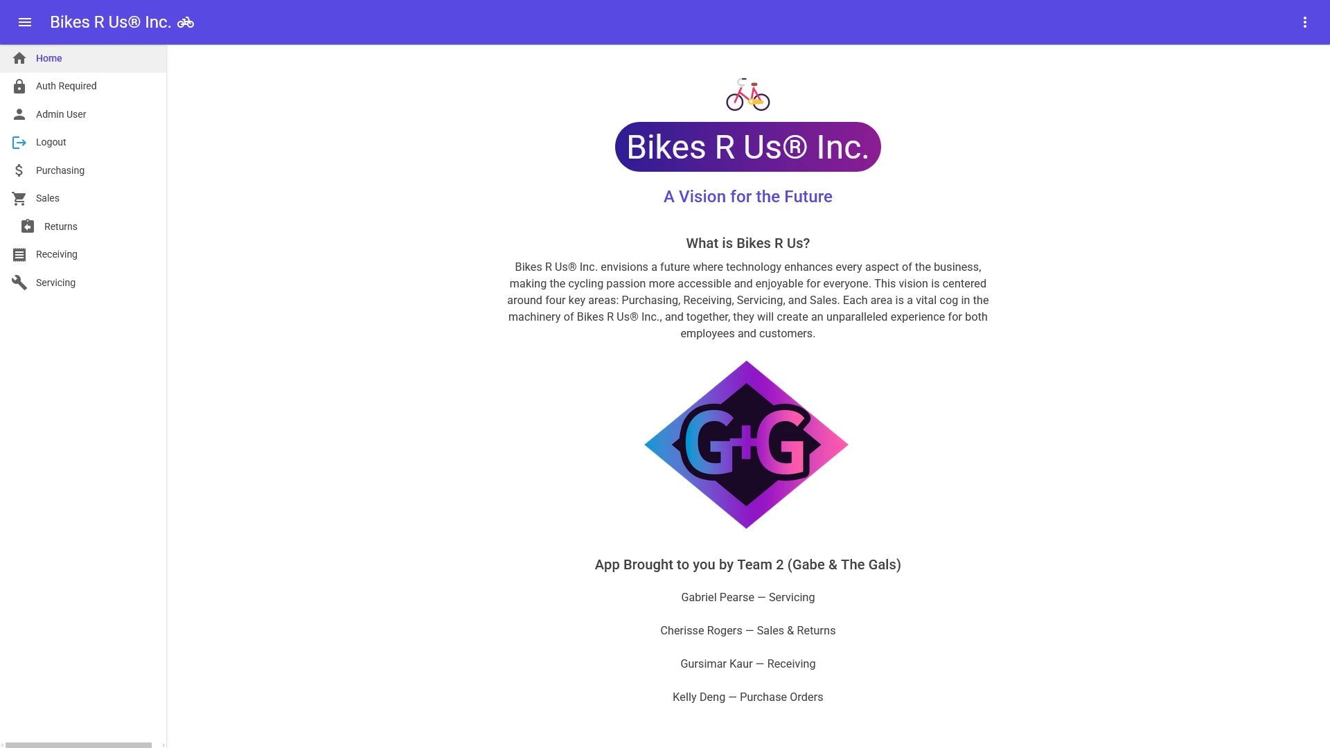Screenshot of BikesRUs App homepage