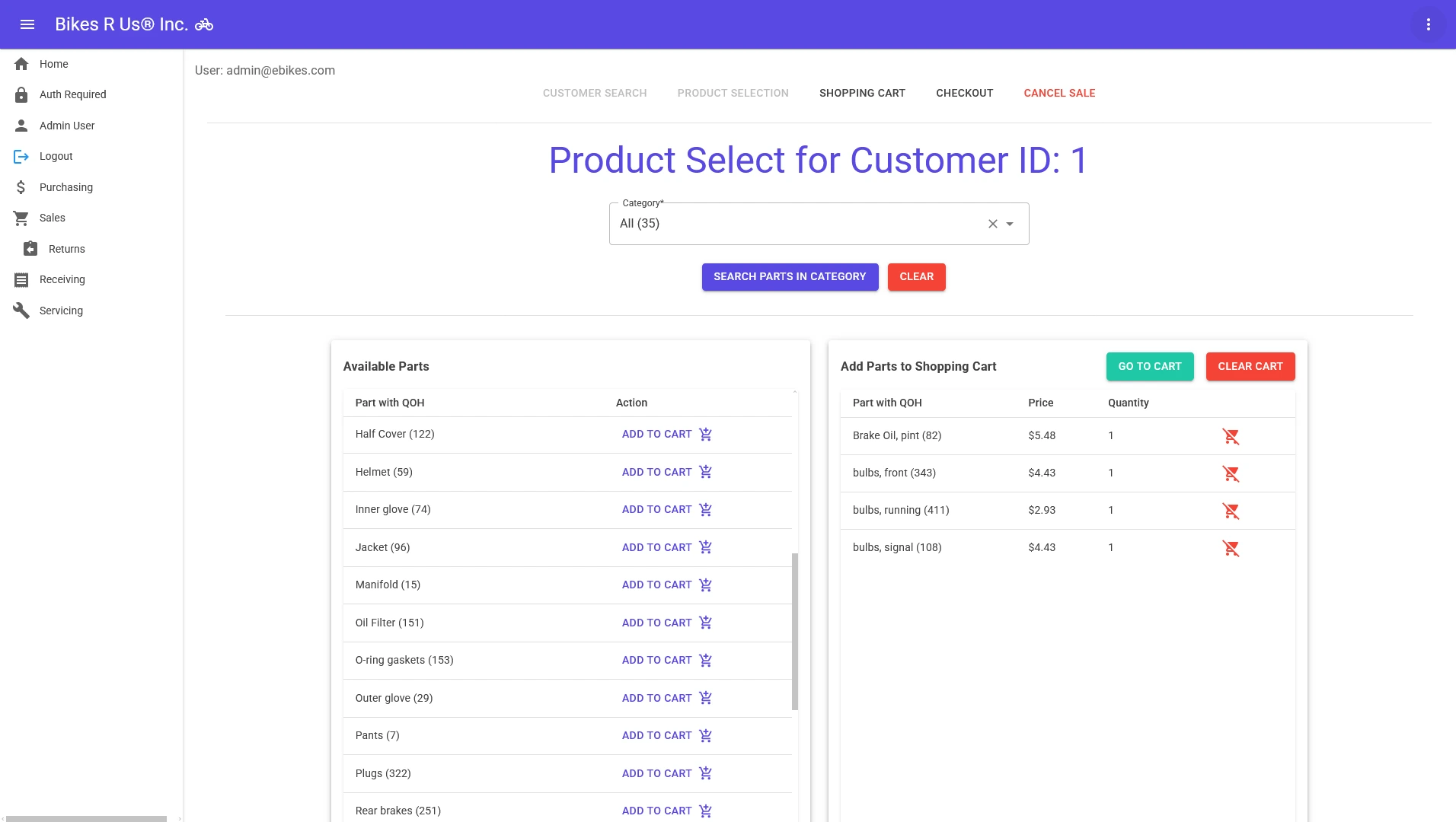 Screenshot of BikesRUs App product select page