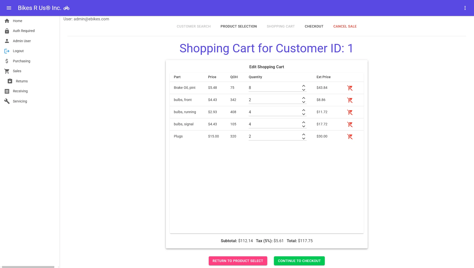 Screenshot of BikesRUs App shopping cart page