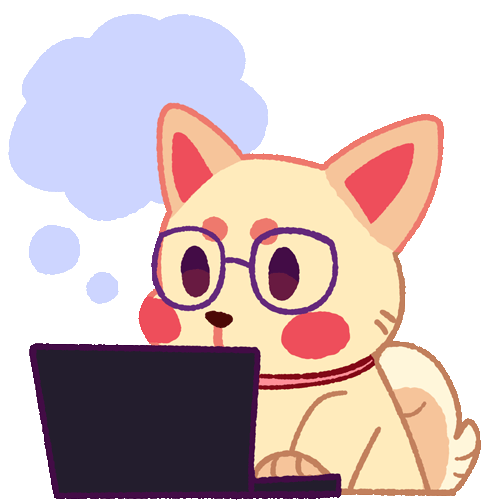 Small animation of a cartoon dog with glasses looking at a computer with a thought bubble above its head