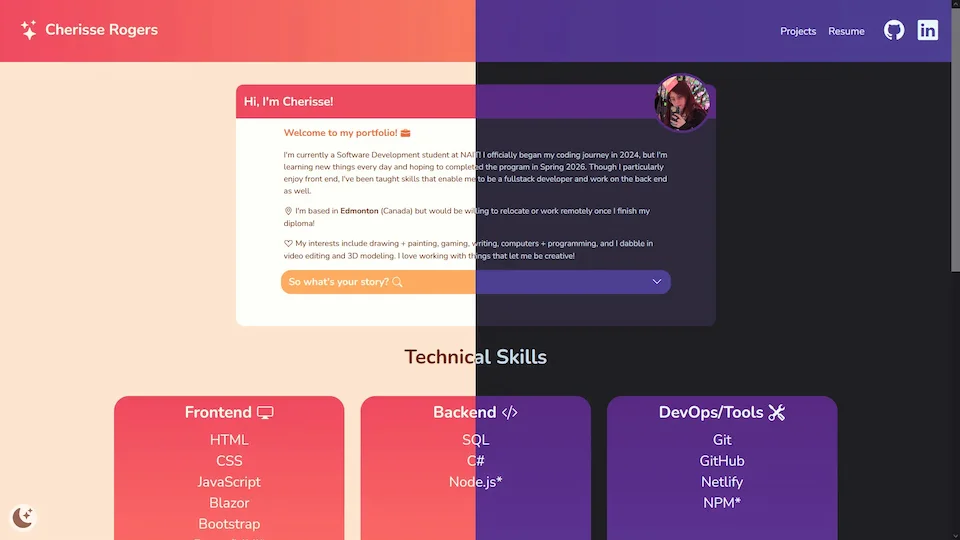 Screenshot of this website with both the light and dark theme on display
